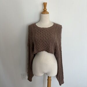 Forever 21 Womens Sweater Large Brown Cropped Hem Long Sleeve Crew Neck Pullover